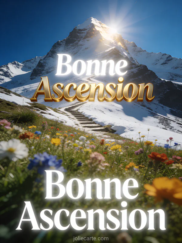 Montagne enneigée sous soleil éclatant avec prairie de fleurs sauvages et texte Bonne Ascension