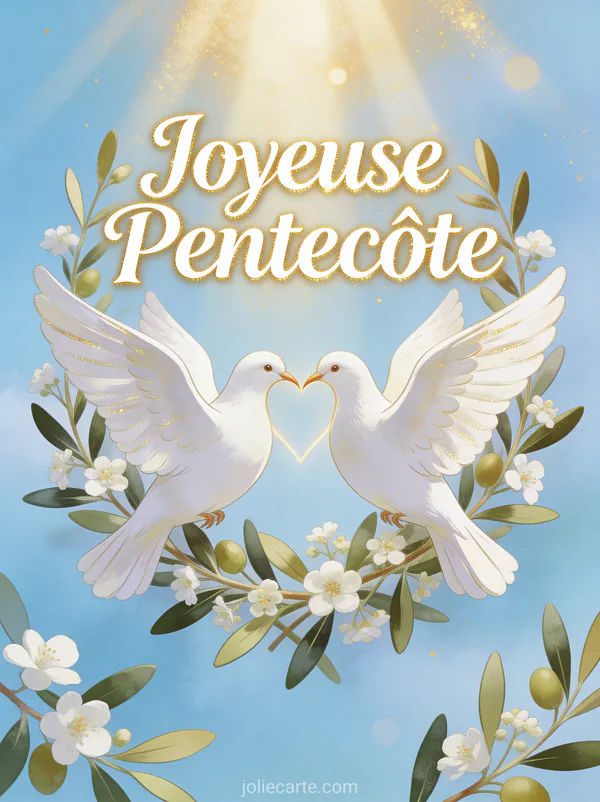 Deux colombes blanches formant un coeur entourées de branches d'olivier avec le texte Joyeuse Pentecôte