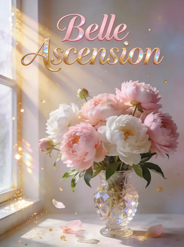 Bouquet de pivoines roses et blanches dans un vase avec rayons de soleil et texte Belle Ascension