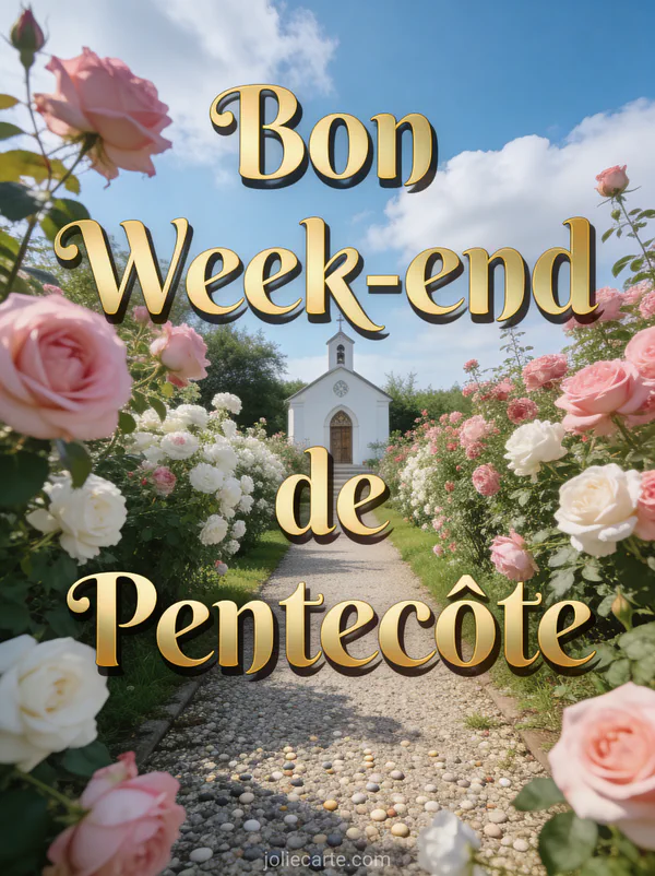 Jardin de roses roses et blanches avec allée menant à une chapelle blanche sous un ciel bleu avec le texte Bon Week-end de Pentecôte