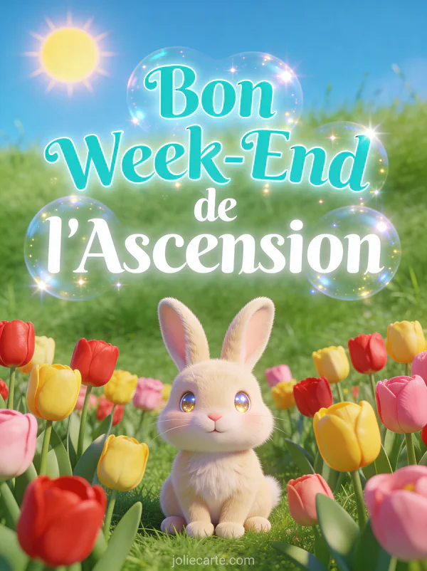 Lapin beige adorable assis dans un champ de tulipes multicolores avec texte Bon Week-End de l'Ascension