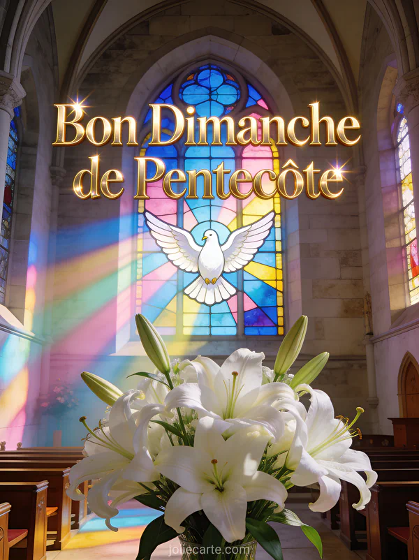 Intérieur d'église avec vitrail coloré représentant une colombe et lys blancs avec le texte Bon Dimanche de Pentecôte