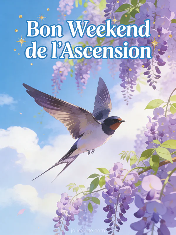 Hirondelle en vol dans un ciel bleu avec glycine mauve et texte Bon Weekend de l'Ascension