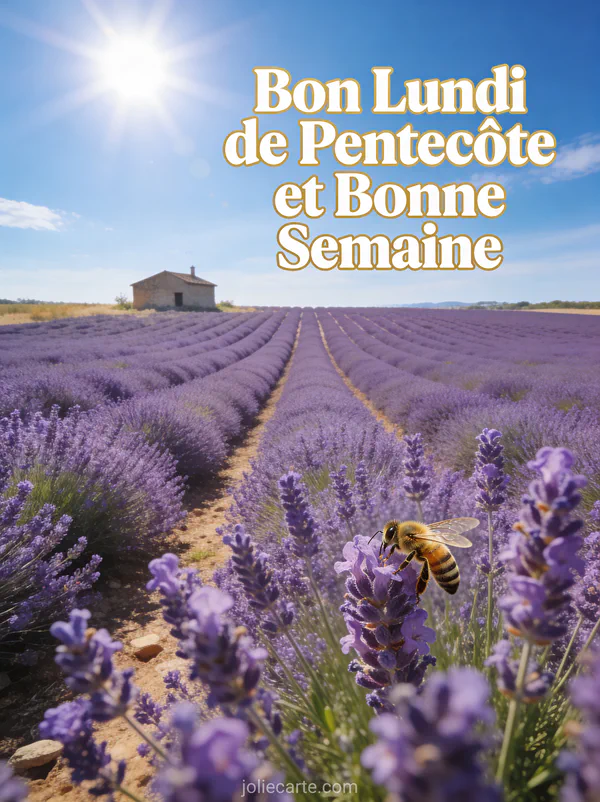 Champ de lavande violet en Provence avec mas au loin sous un ciel bleu et le texte Bon Lundi de Pentecôte et Bonne Semaine