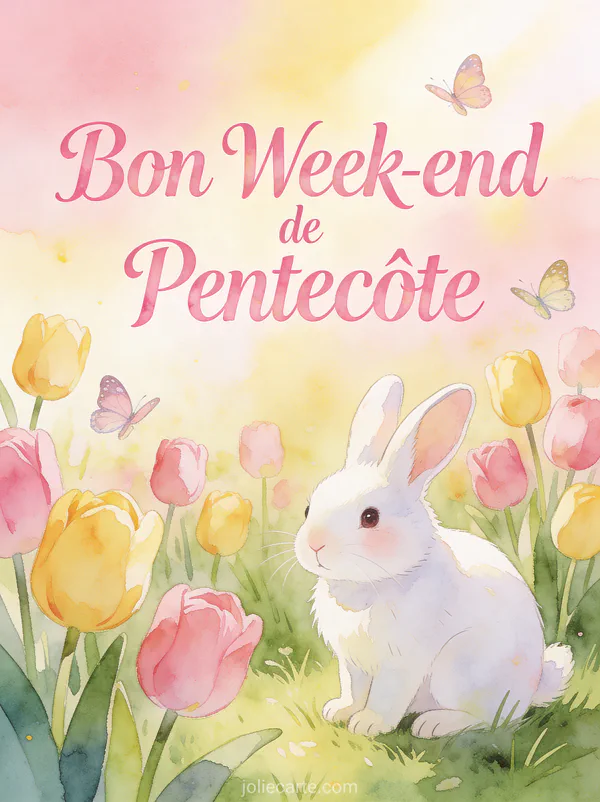 Lapin blanc dans un jardin de tulipes roses et jaunes avec papillons et le texte Bon Week-end de Pentecôte