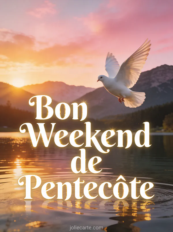 Colombe blanche en vol au-dessus d'un lac au coucher du soleil avec montagnes et le texte Bon Weekend de Pentecôte
