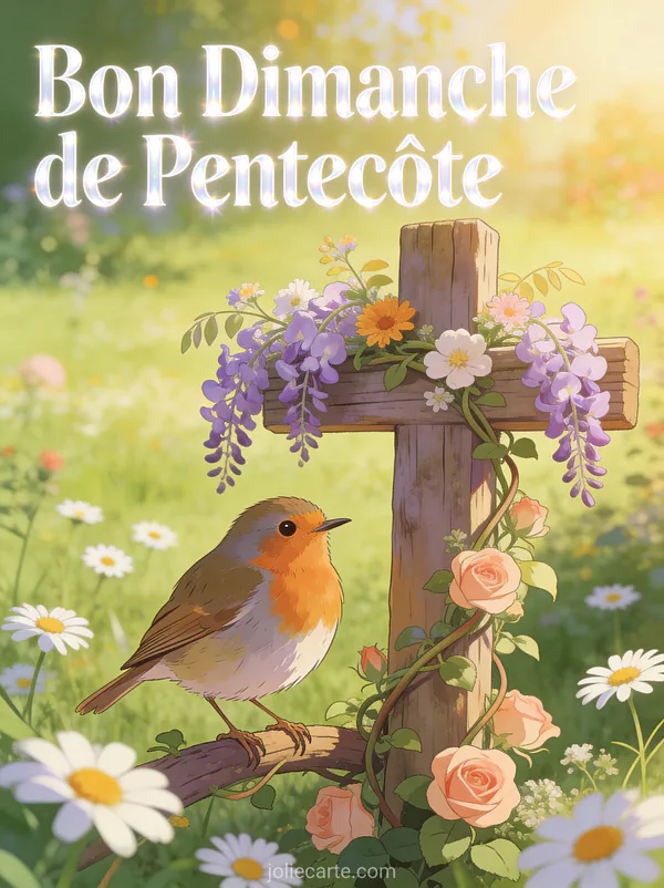 Rouge-gorge perché sur une croix en bois décorée de glycine et roses avec le texte Bon Dimanche de Pentecôte