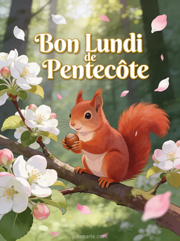 Écureuil roux sur une branche de pommier en fleurs avec pétales volants et le texte Bon Lundi de Pentecôte