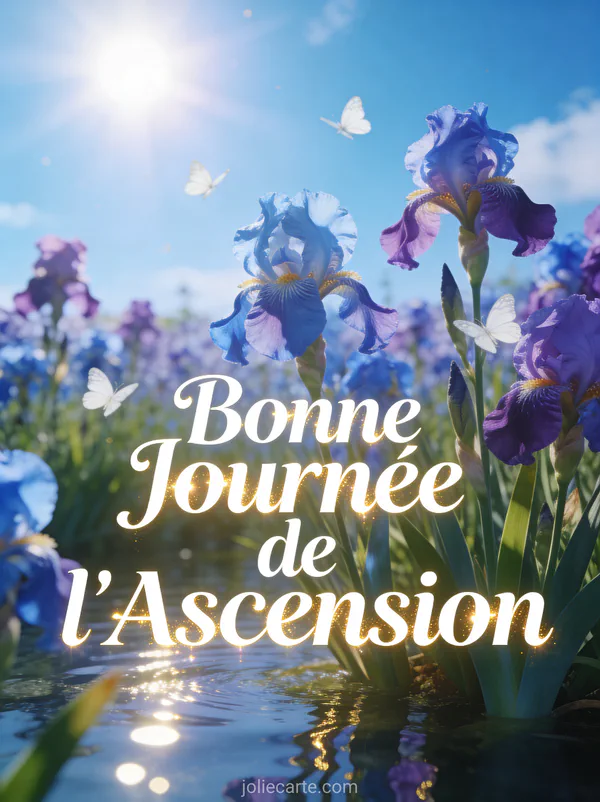 Champ d'iris bleus et violets avec papillons blancs sous ciel bleu et texte Bonne Journée de l'Ascension