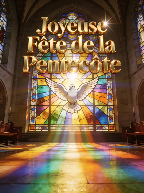 Vitrail d'église coloré représentant une colombe avec lumière traversante et le texte Joyeuse Fête de la Pentecôte