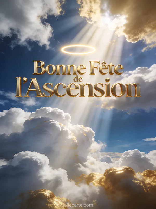 Ciel avec rayons de soleil dorés perçant les nuages blancs et texte Bonne Fête de l'Ascension