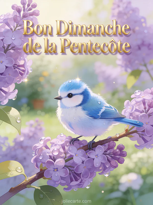 Mésange bleue perchée sur une branche de lilas mauve avec rosée et le texte Bon Dimanche de la Pentecôte