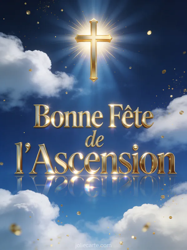 Croix dorée lumineuse entourée de rayons de soleil dans un ciel bleu et texte Bonne Fête de l'Ascension