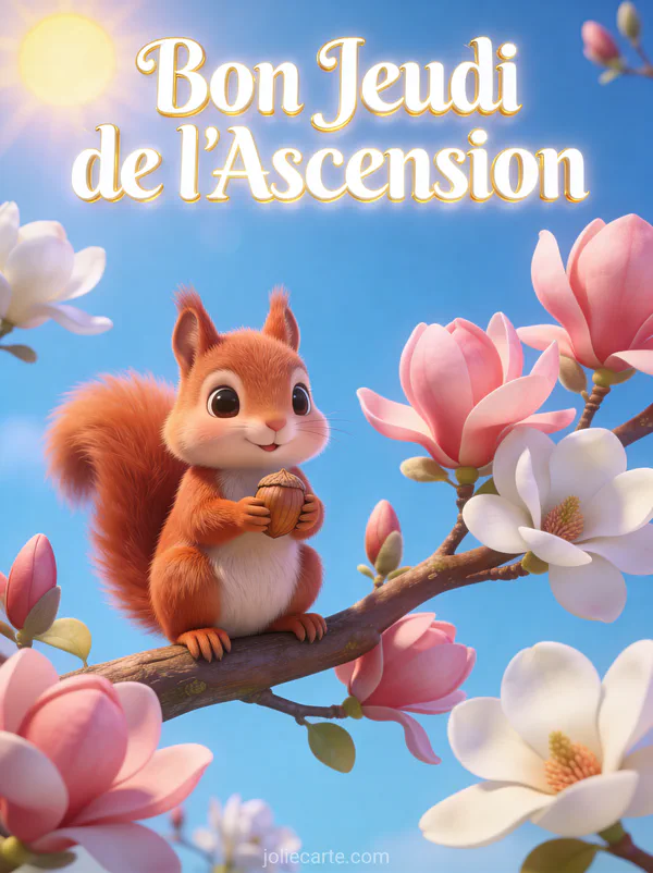 Écureuil roux tenant une noisette sur branche de magnolia en fleurs avec texte Bon Jeudi de l'Ascension