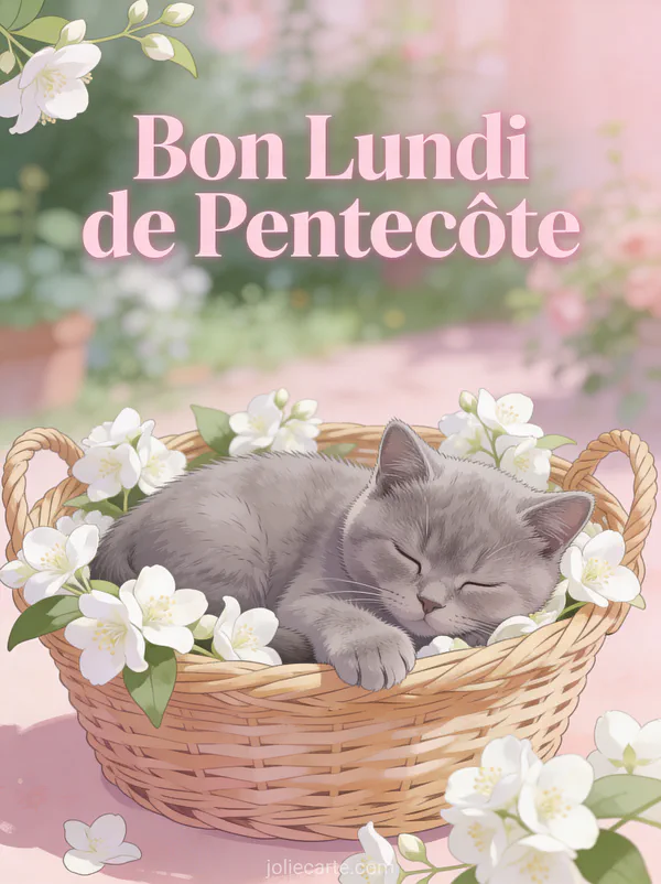 Chaton british shorthair gris endormi dans un panier avec fleurs de jasmin et le texte Bon Lundi de Pentecôte