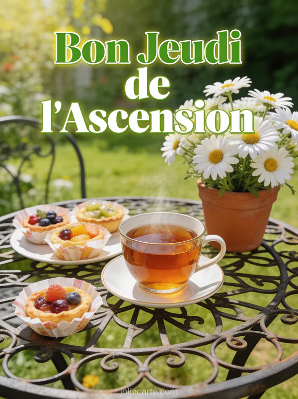 Tasse de thé fumante avec marguerites et gâteaux sur table de jardin et texte Bon Jeudi de l'Ascension