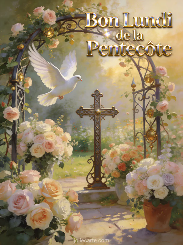 Colombe blanche planant au-dessus d'un jardin de roses pastel avec arche fleurie et le texte Bon Lundi de la Pentecôte
