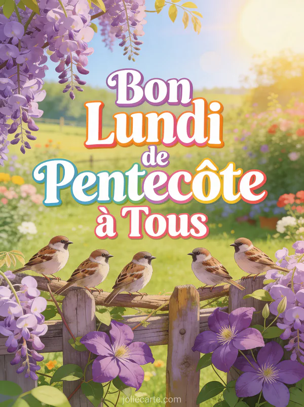 Moineaux sur une clôture en bois décorée de glycine et clématites avec le texte Bon Lundi de Pentecôte à Tous