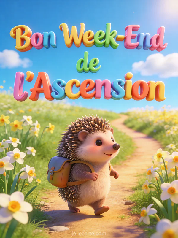 Hérisson mignon avec petit sac à dos sur chemin fleuri de pâquerettes et texte Bon Week-End de l'Ascension