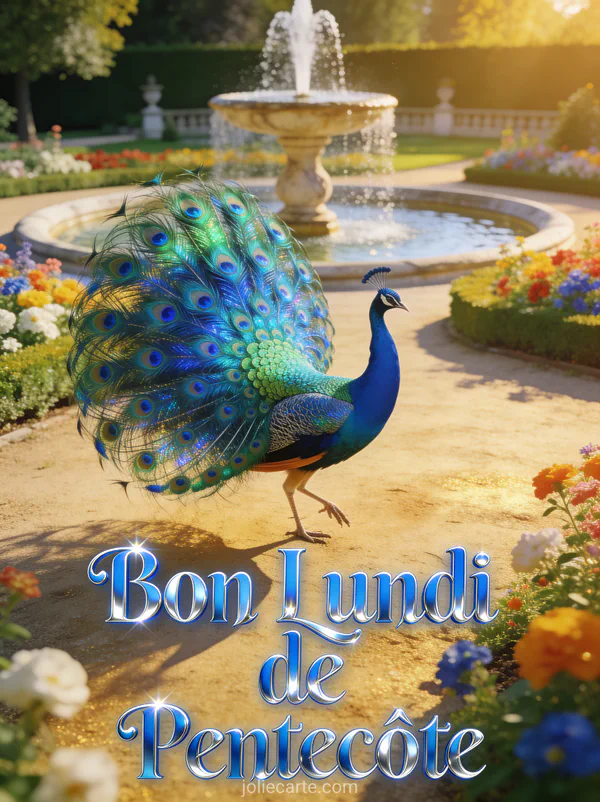 Paon faisant la roue dans un jardin à la française avec fontaine et le texte Bon Lundi de Pentecôte