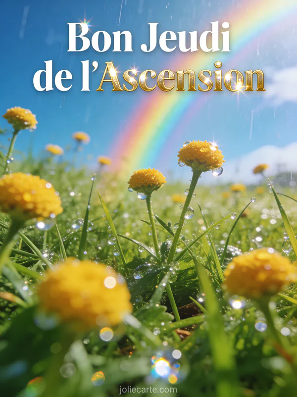 Arc-en-ciel traversant un ciel bleu au-dessus d'une prairie de boutons d'or avec texte Bon Jeudi de l'Ascension