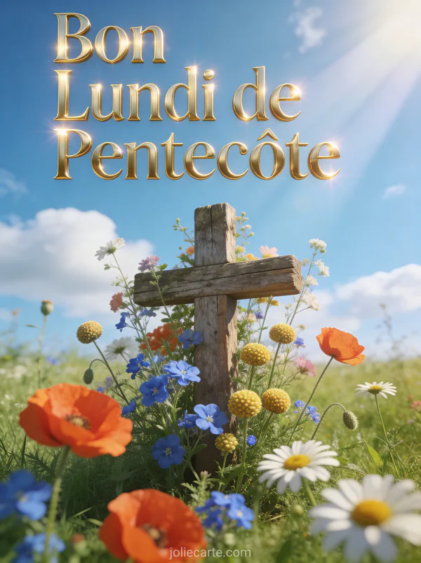 Croix en bois entourée de coquelicots bleuets et marguerites dans une prairie avec le texte Bon Lundi de Pentecôte