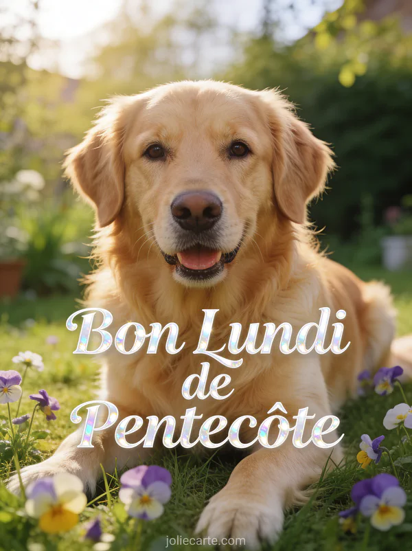 Golden retriever allongé dans l'herbe entouré de pâquerettes avec le texte Bon Lundi de Pentecôte