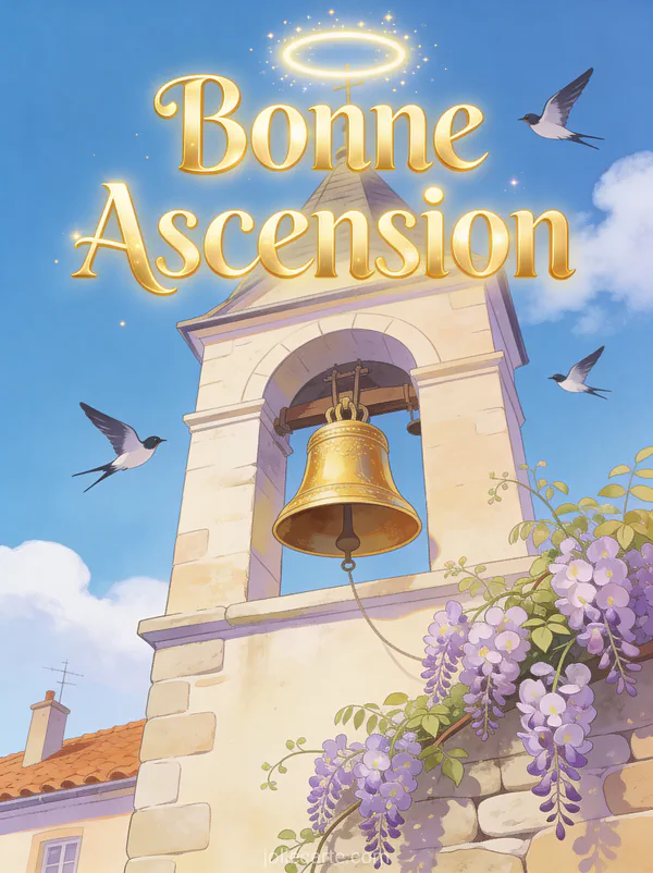 Clocher d'église de village avec hirondelles et glycine sous ciel bleu et texte Bonne Ascension