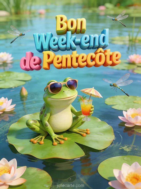 Grenouille amusante avec lunettes de soleil sur un nénuphar avec le texte Bon Week-end de Pentecôte