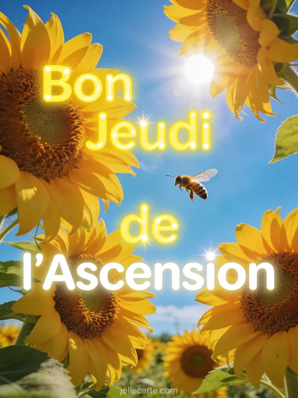 Tournesols géants tournés vers le soleil avec abeille sous ciel bleu et texte Bon Jeudi de l'Ascension