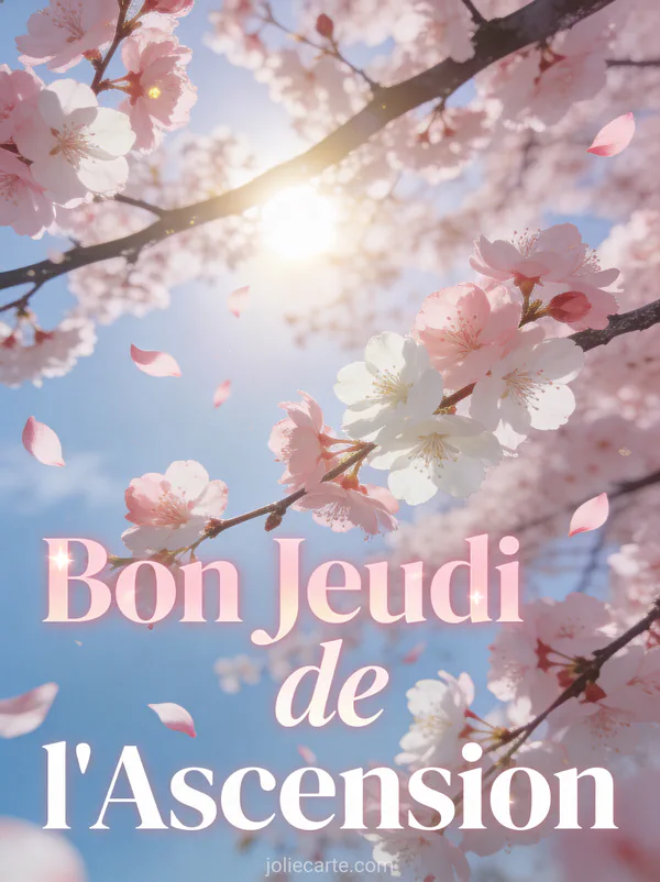 Cerisier japonais en fleurs roses avec pétales tombant sous ciel bleu et texte Bon Jeudi de l'Ascension
