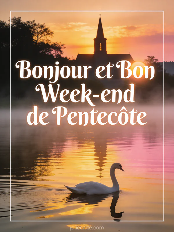 Lever de soleil sur un lac calme avec cygne et église au loin avec le texte Bonjour et Bon Week-end de Pentecôte