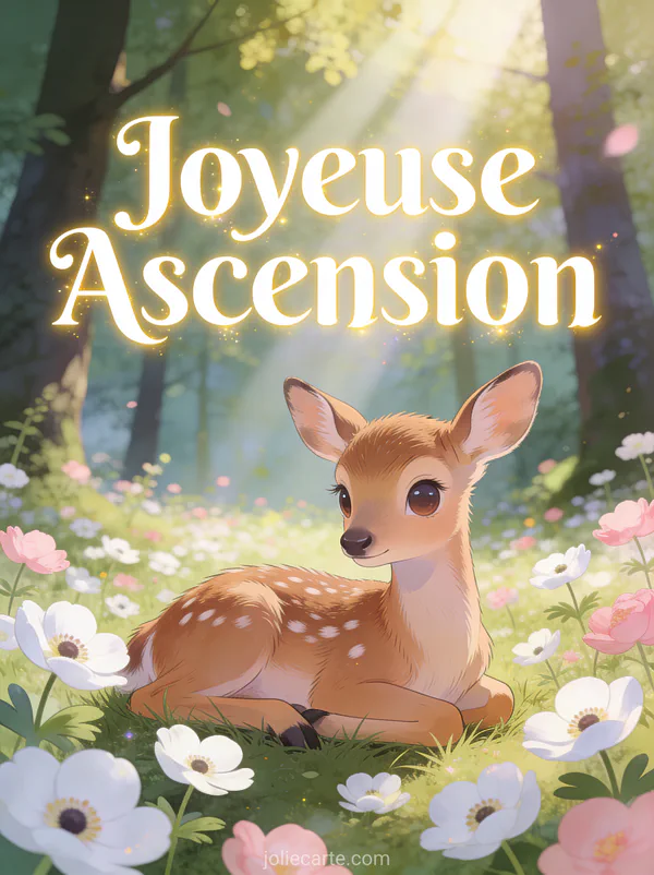 Faon aux grands yeux couché dans clairière avec anémones blanches et roses et texte Joyeuse Ascension