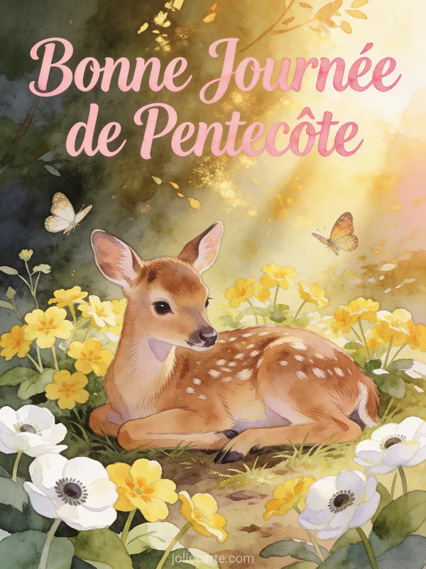 Faon couché dans une clairière avec primevères et anémones et papillons avec le texte Bonne Journée de Pentecôte