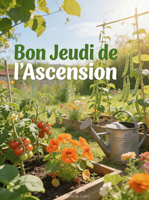 Jardin potager avec capucines arrosoir en zinc et plants sous le soleil et texte Bon Jeudi de l'Ascension