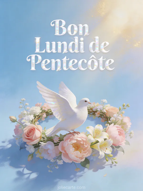 Colombe blanche posée sur une couronne de roses pivoines et freesias pastel avec le texte Bon Lundi de Pentecôte