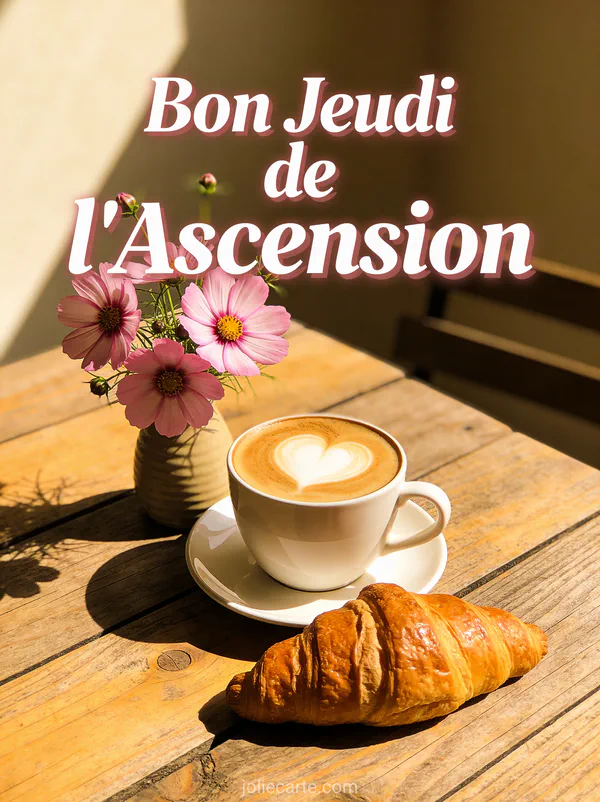 Café latte avec art en cœur et croissant doré avec cosmos roses et texte Bon Jeudi de l'Ascension