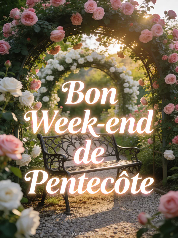 Roseraie avec arches de roses grimpantes roses et blanches et banc en fer forgé avec le texte Bon Week-end de Pentecôte