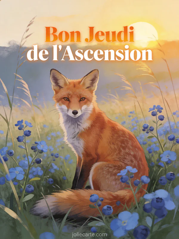 Renard roux assis dans prairie de bleuets bleus au soleil couchant et texte Bon Jeudi de l'Ascension