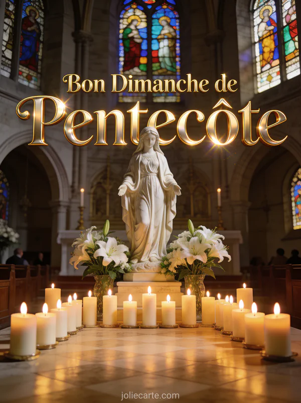 Cierges allumés devant une statue de la Vierge avec lys blancs dans une église avec le texte Bon Dimanche de Pentecôte