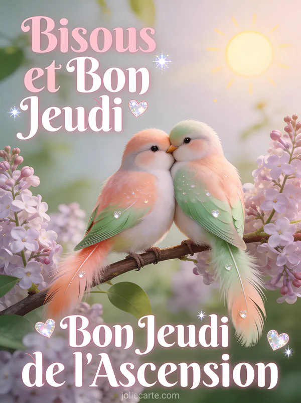 Deux tourtereaux se faisant un câlin sur branche de lilas avec cœurs et texte Bisous et Bon Jeudi de l'Ascension