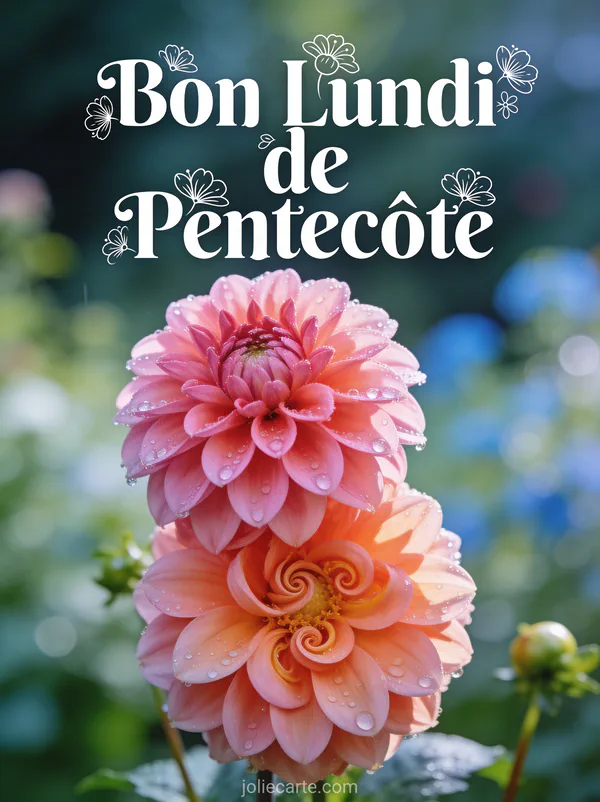 Dahlias roses et corail avec gouttes de rosée sur les pétales avec le texte Bon Lundi de Pentecôte