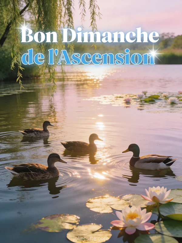 Famille de canards colverts nageant sur étang avec nénuphars et saule et texte Bon Dimanche de l'Ascension