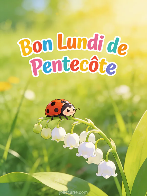 Coccinelle posée sur un brin de muguet dans une prairie ensoleillée avec le texte Bon Lundi de Pentecôte
