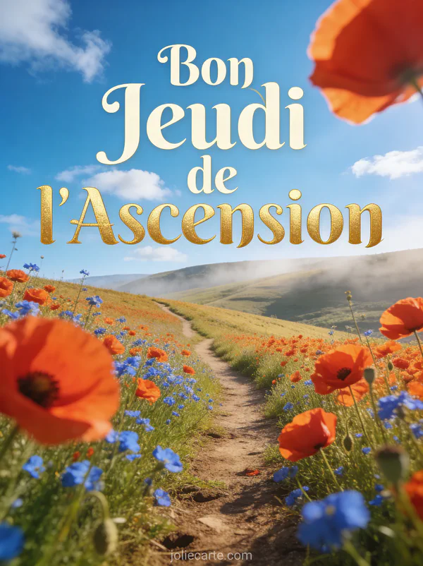 Champ de coquelicots rouges et bleuets bleus avec chemin de terre sous ciel bleu et texte Bon Jeudi de l'Ascension