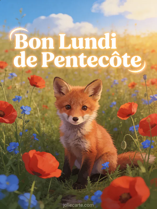 Petit renard roux assis dans un champ de coquelicots et bleuets avec le texte Bon Lundi de Pentecôte
