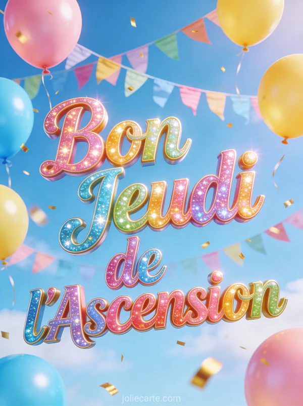 Guirlande de fanions avec ballons colorés et confettis dorés et texte Bon Jeudi de l'Ascension