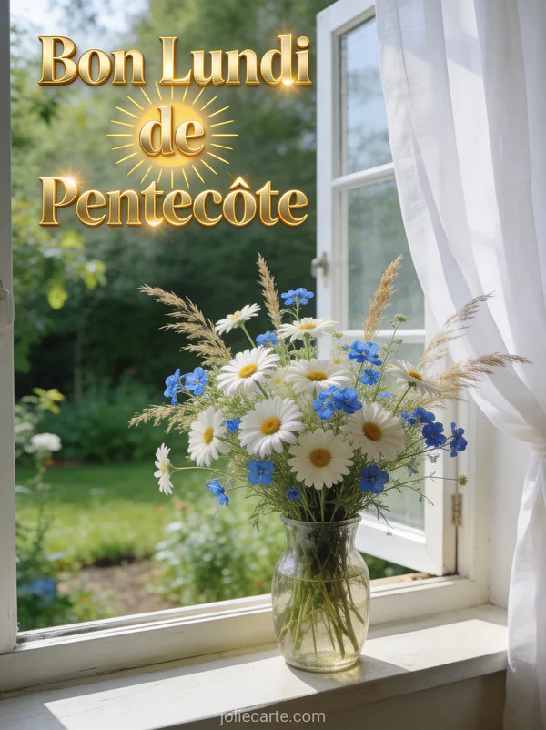 Bouquet de marguerites et bleuets dans un vase sur un rebord de fenêtre avec vue sur jardin et le texte Bon Lundi de Pentecôte