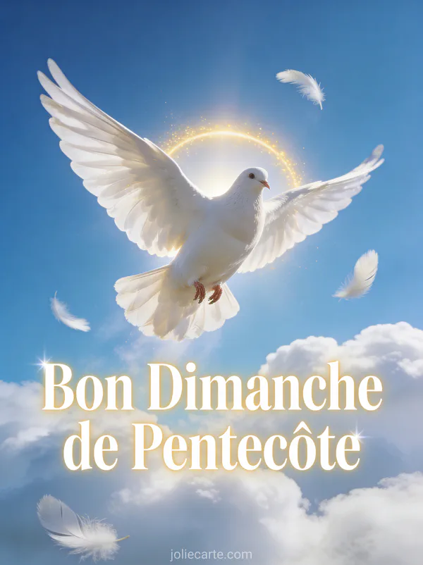 Colombe blanche aux ailes déployées descendant du ciel bleu dans un halo de lumière avec le texte Bon Dimanche de Pentecôte