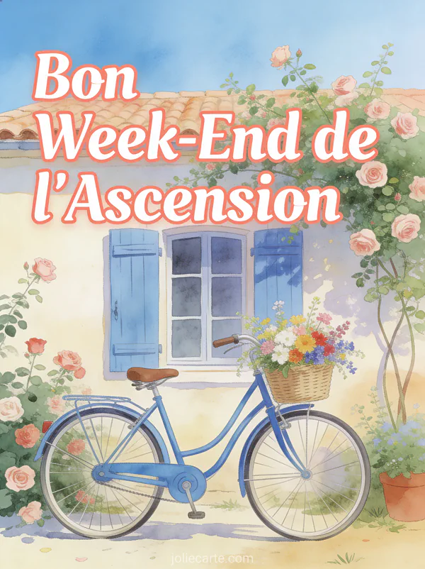 Vélo vintage bleu avec panier de fleurs devant maison aux volets bleus et texte Bon Week-End de l'Ascension